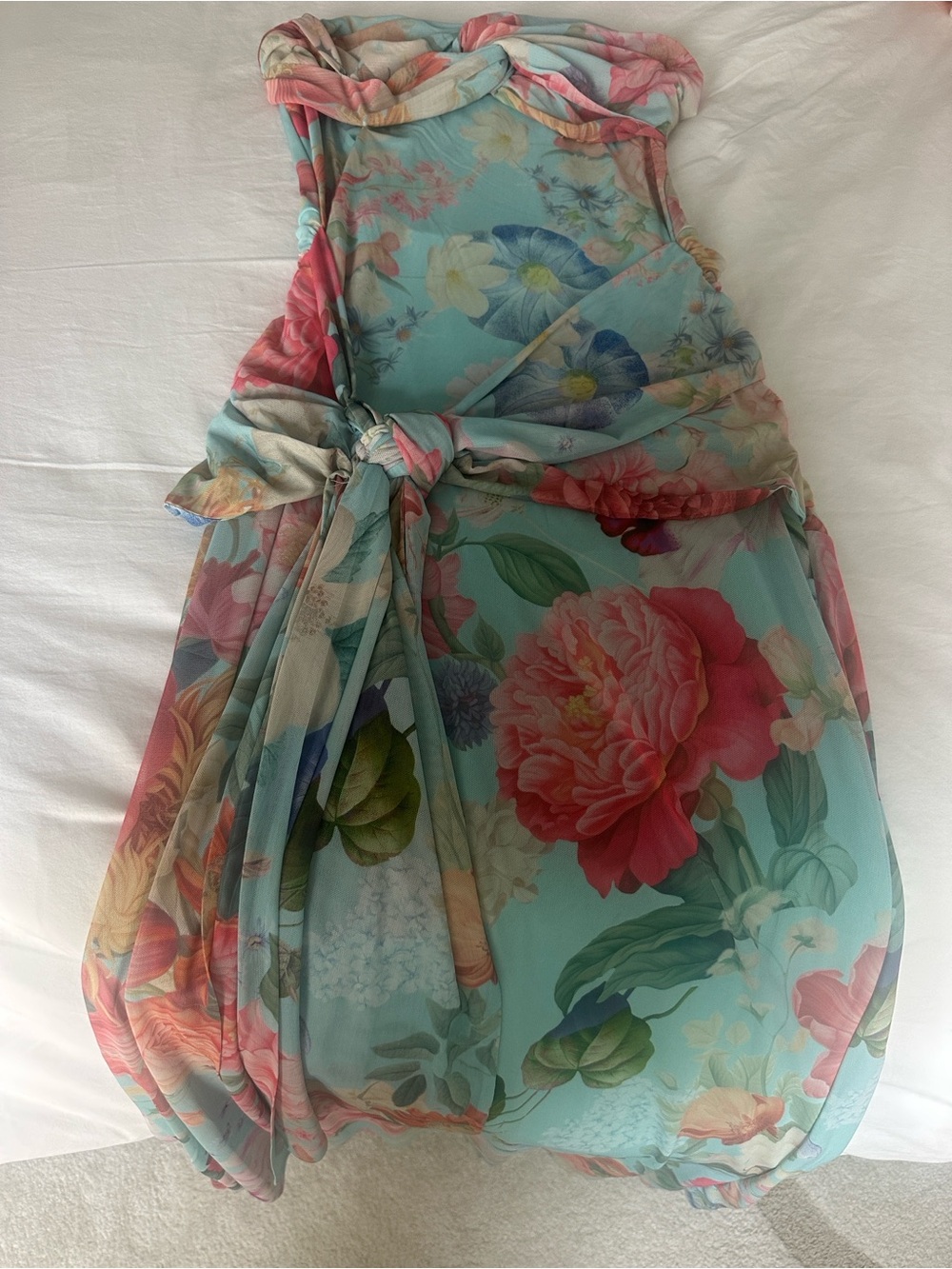 AFRM Strapless Floral Tie-Waist Dress in Aqua and Pink
